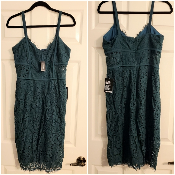 Express Piped Lace Sheath Dress Emerald Green - Picture 3 of 10